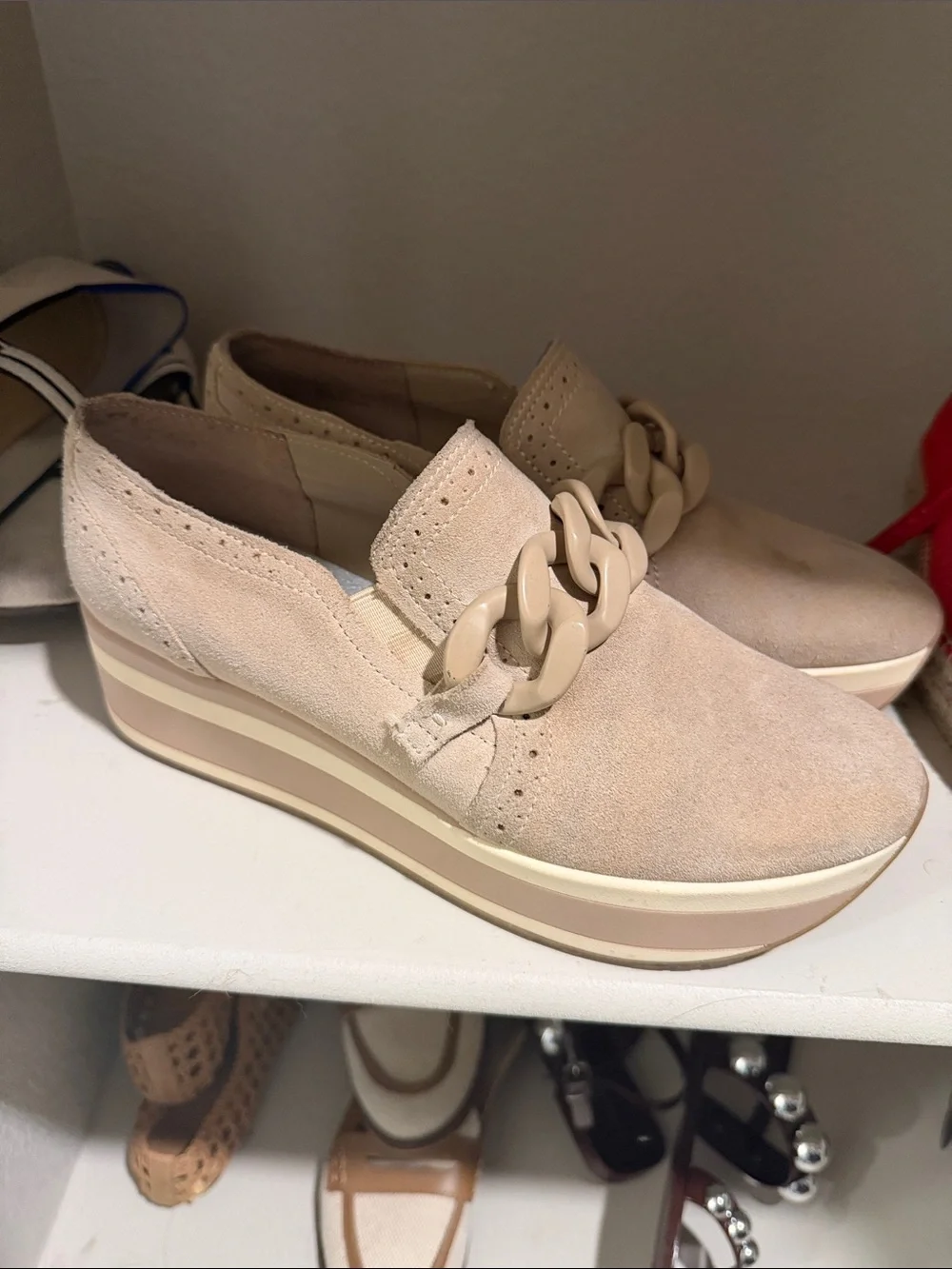 Dolce vita Neutral Beige Suede Platform Slip-On Loafers with Chain Detail